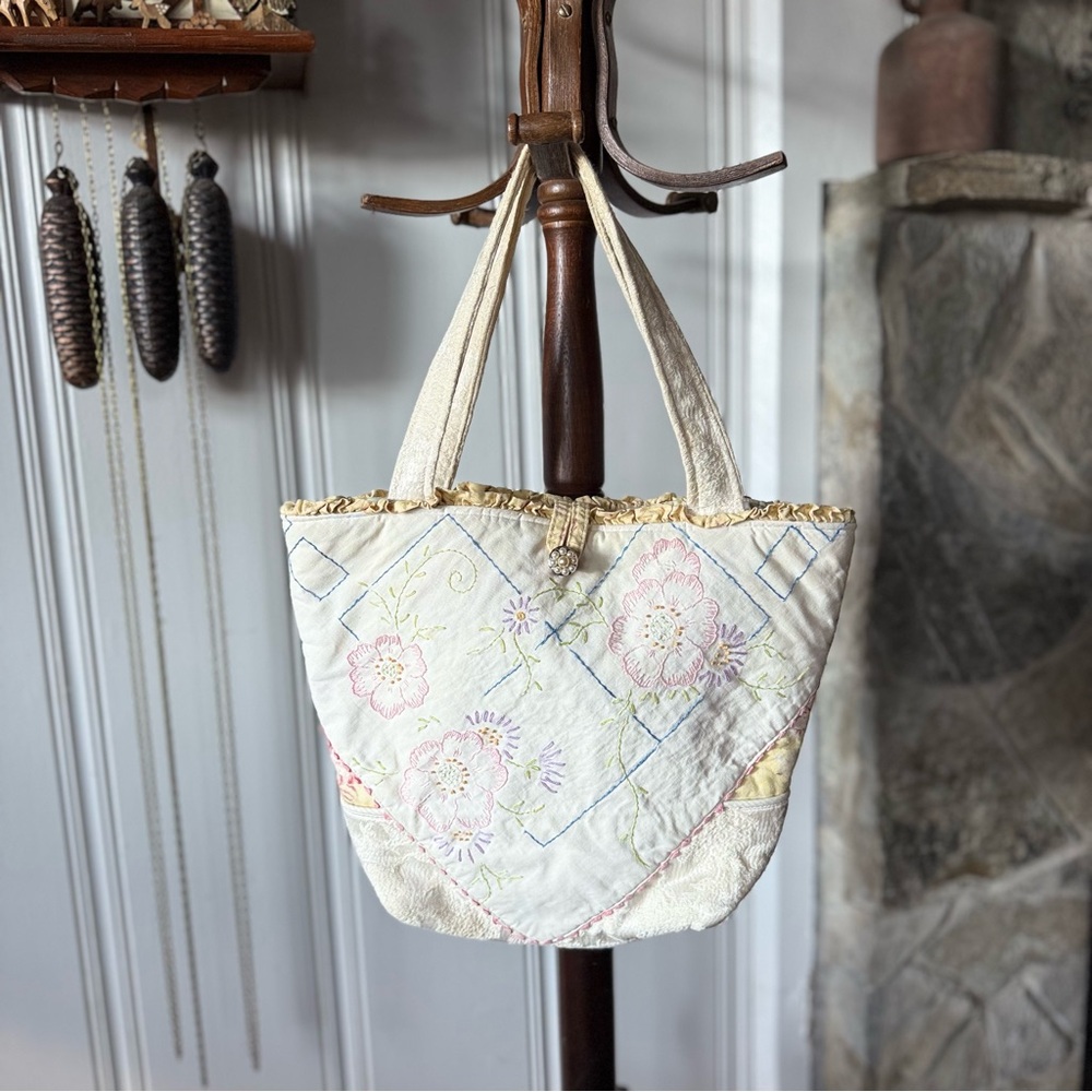 Vintage Handmade Patchwork Embroidered Cotton Tote Cottagecore Bag
